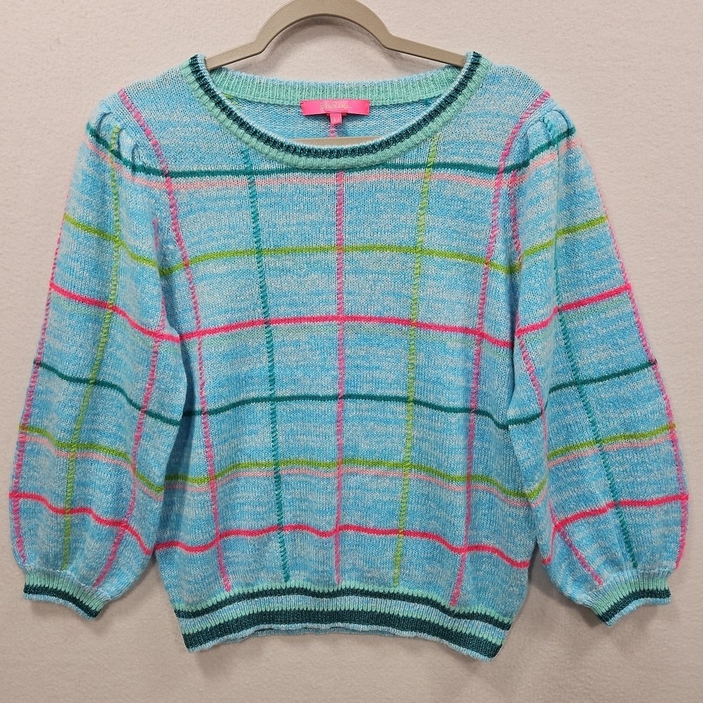Lilly Pulitzer Hali Wool Blend Sweater Large Seabreeze Blue Plaid Puff Sleeve